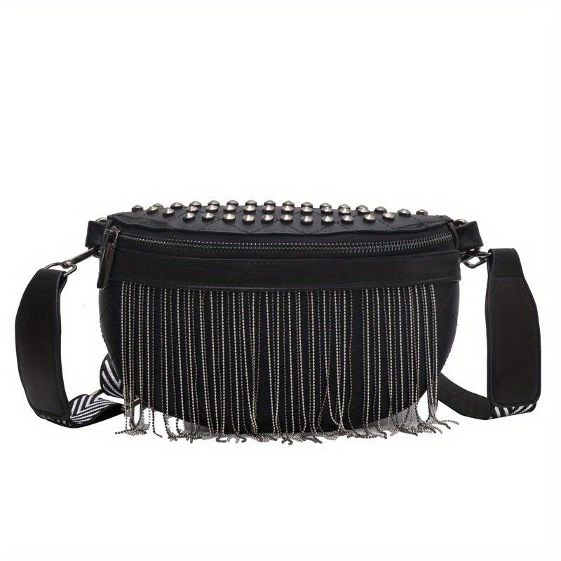 Fringe Fanny Pack Gothic Studded Crossbody Bag Women's PU Leather Chest Purse