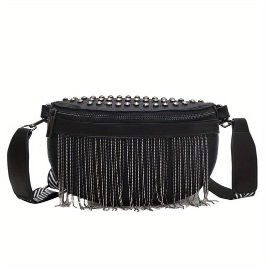 Fringe Fanny Pack Gothic Studded Crossbody Bag Women's PU Leather Chest Purse