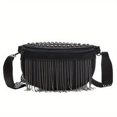 Fringe Fanny Pack Gothic Studded Crossbody Bag Women's PU Leather Chest Purse
