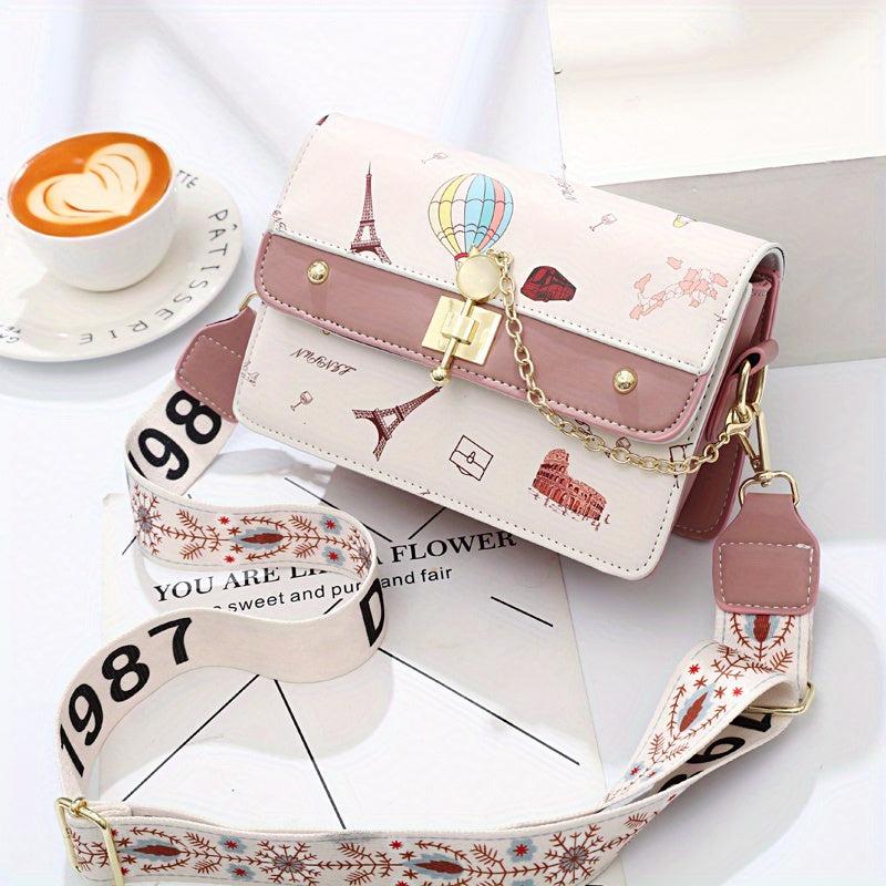 Cartoon Pattern Square Shoulder Bag Colorblock Crossbody Bag