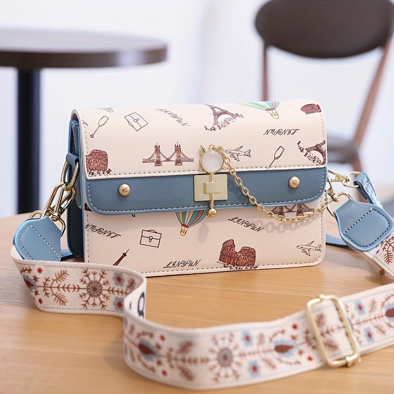 Cartoon Pattern Square Shoulder Bag Colorblock Crossbody Bag