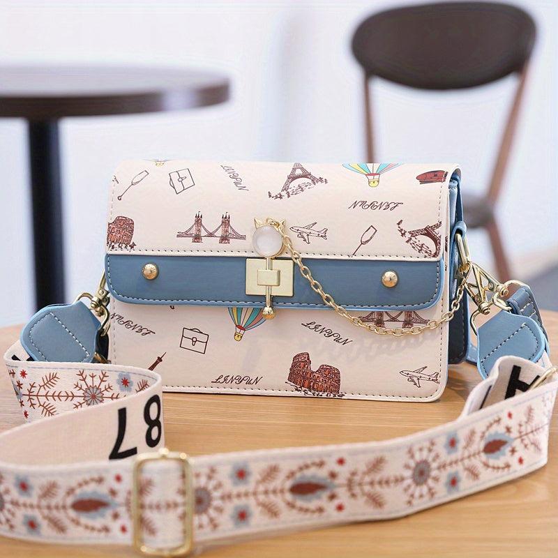 Cartoon Pattern Square Shoulder Bag Colorblock Crossbody Bag