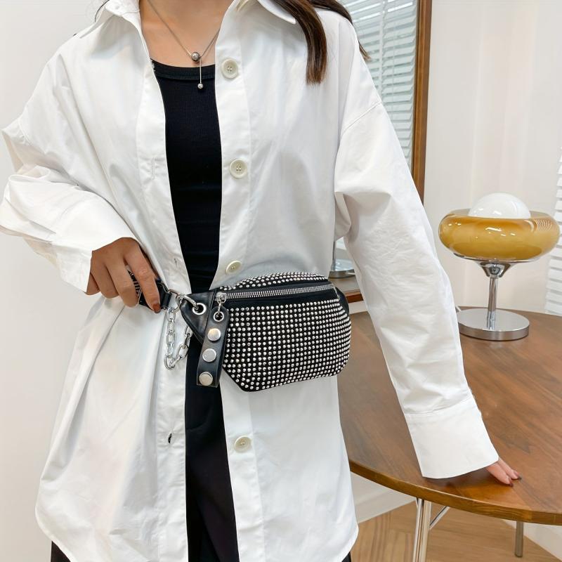 Rhinestone Waist Bag Women Chain Crossbody Y2K PU Chest Purse
