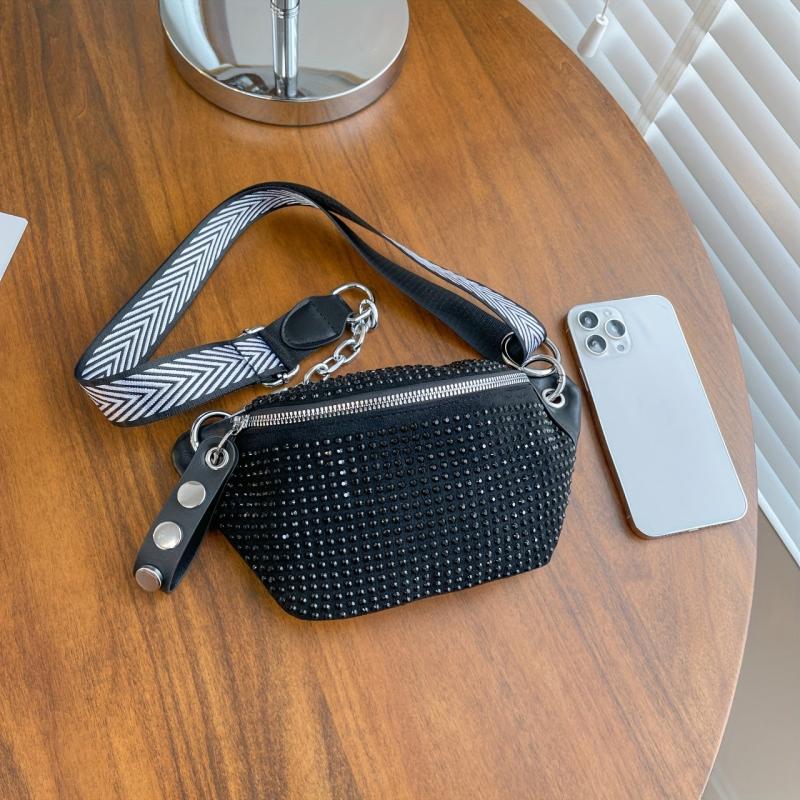 Rhinestone Waist Bag Women Chain Crossbody Y2K PU Chest Purse