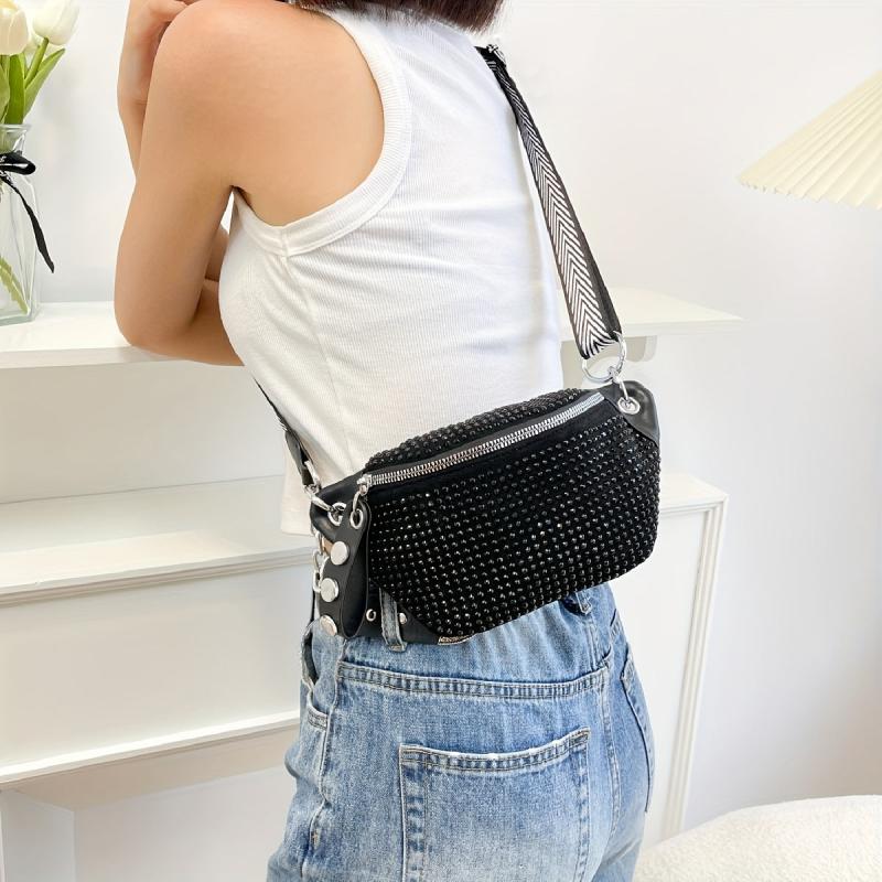 Rhinestone Waist Bag Women Chain Crossbody Y2K PU Chest Purse