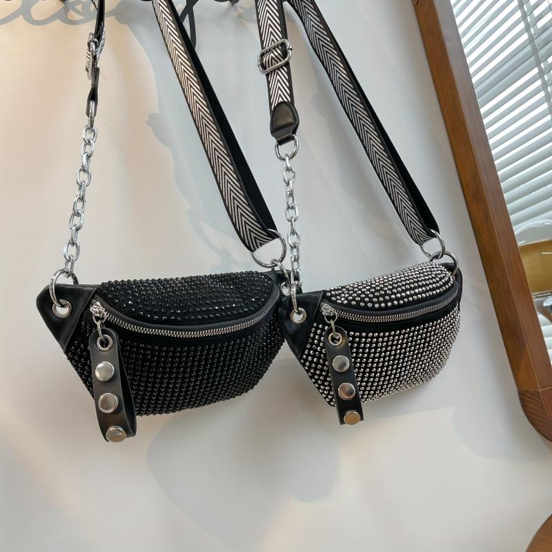 Rhinestone Waist Bag Women Chain Crossbody Y2K PU Chest Purse