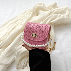 Mini Straw Woven Handbags Faux Pearl Chain Clutch Purse Crossbody Bag
