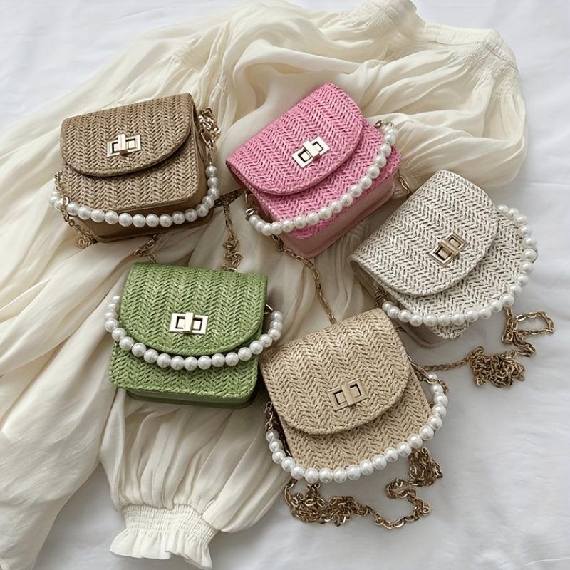 Mini Straw Woven Handbags Faux Pearl Chain Clutch Purse Crossbody Bag