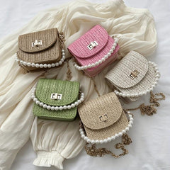 Mini Straw Woven Handbags Faux Pearl Chain Clutch Purse Crossbody Bag