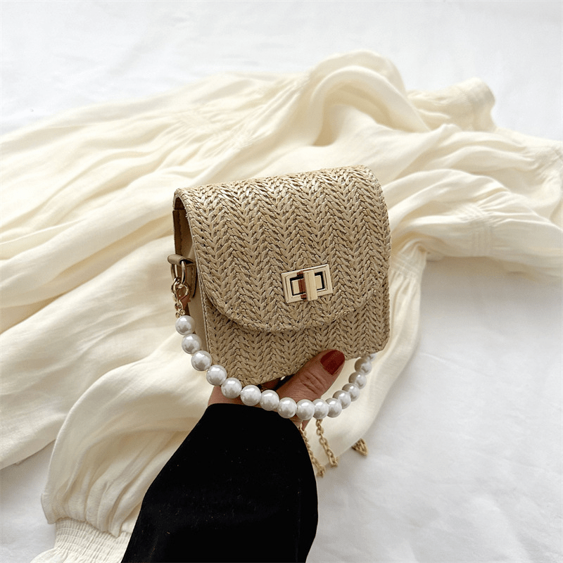 Mini Straw Woven Handbags Faux Pearl Chain Clutch Purse Crossbody Bag
