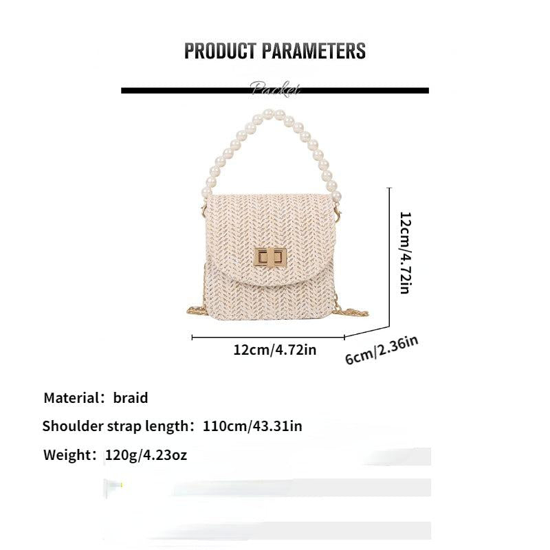 Mini Straw Woven Handbags Faux Pearl Chain Clutch Purse Crossbody Bag
