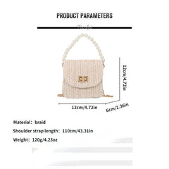Mini Straw Woven Handbags Faux Pearl Chain Clutch Purse Crossbody Bag