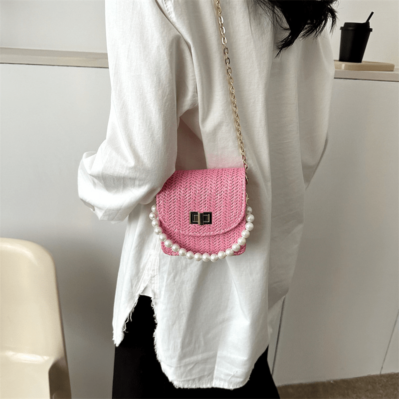Mini Straw Woven Handbags Faux Pearl Chain Clutch Purse Crossbody Bag