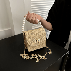 Mini Straw Woven Handbags Faux Pearl Chain Clutch Purse Crossbody Bag