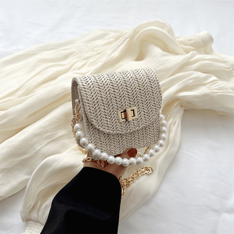 Mini Straw Woven Handbags Faux Pearl Chain Clutch Purse Crossbody Bag