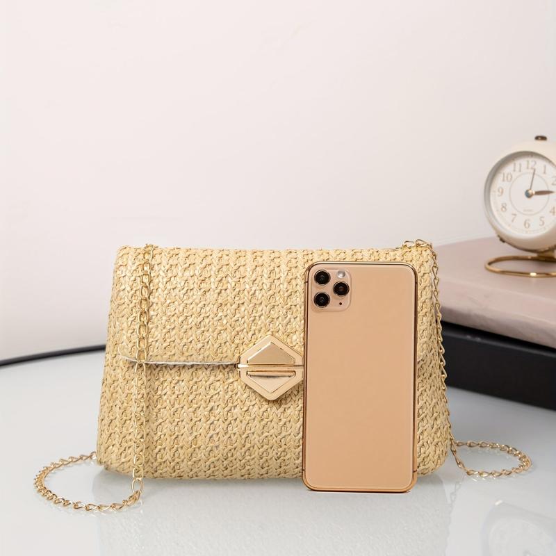 Straw Square Bag Beach Flap Purse Women Chain Crossbody Bag