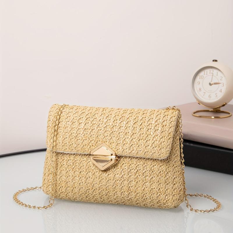 Straw Square Bag Beach Flap Purse Women Chain Crossbody Bag
