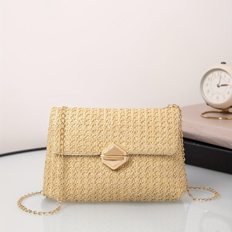 Straw Square Bag Beach Flap Purse Women Chain Crossbody Bag