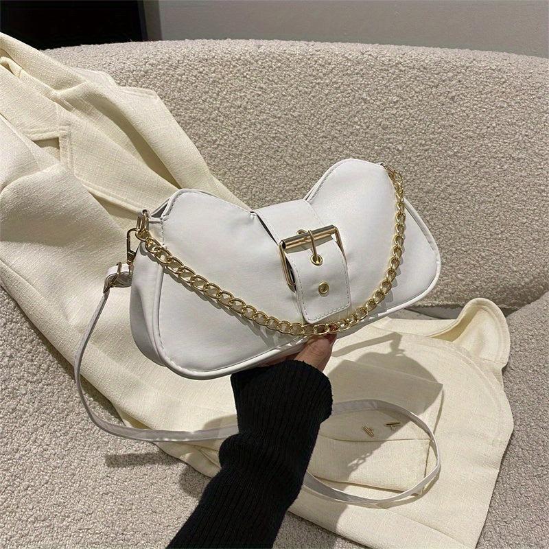 Y2K Chain Crossbody Bag PU Leather Shoulder Bag Women's Buckle Decor Handbag
