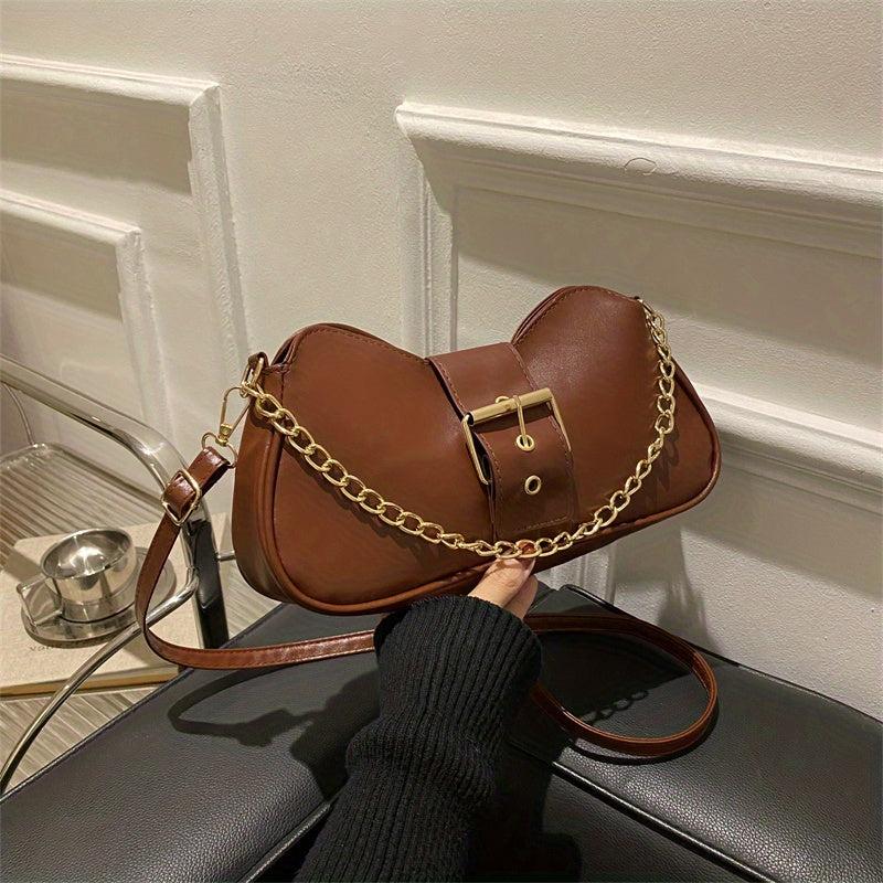 Y2K Chain Crossbody Bag PU Leather Shoulder Bag Women's Buckle Decor Handbag