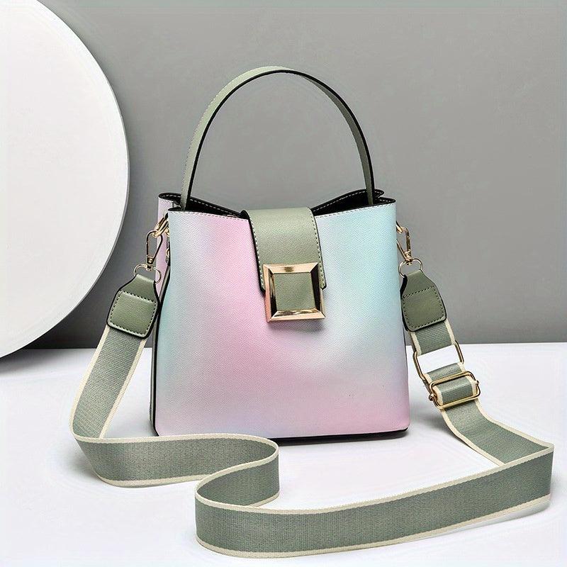 Ombre Bucket Handbag Crossbody Bag Wide Strap Shoulder Purse