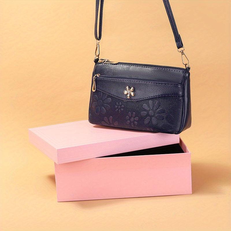 Flower Embossed Crossbody Bag Women's Zipper Clutch Purse Handbags