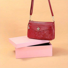 Flower Embossed Crossbody Bag Women's Zipper Clutch Purse Handbags