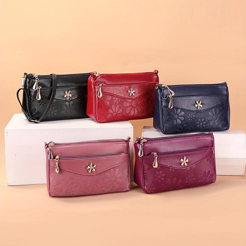 Flower Embossed Crossbody Bag Women's Zipper Clutch Purse Handbags