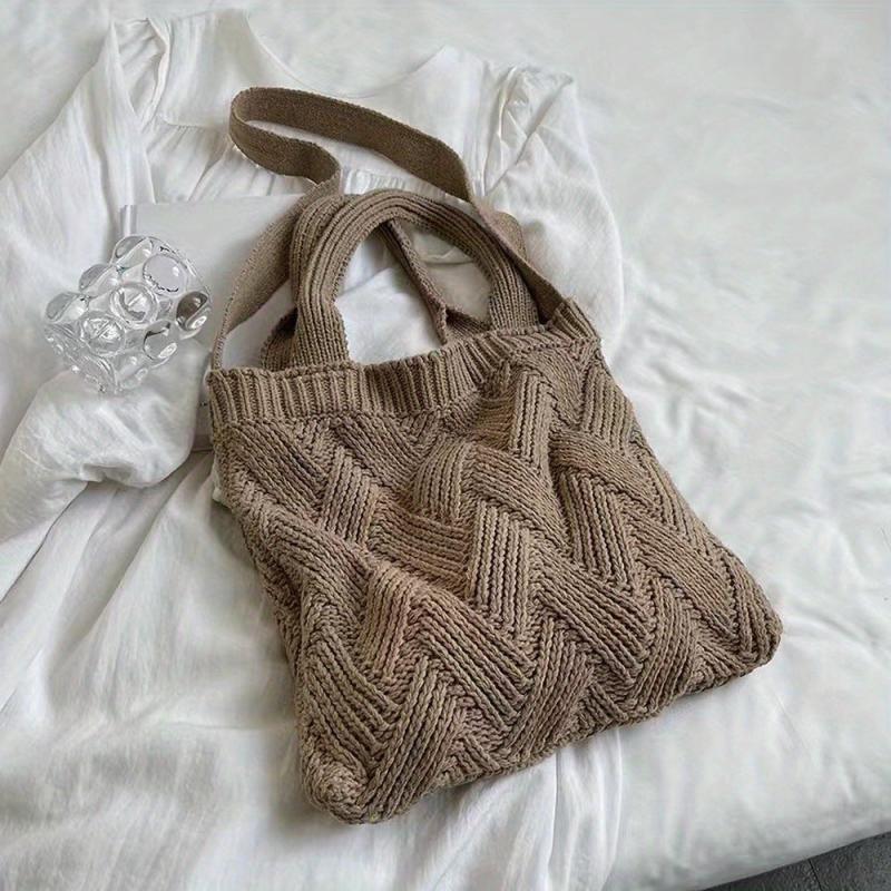 Vintage Crochet Bag For Women Solid Knitted Tote Bag Woven Detail