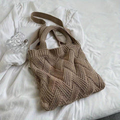 Vintage Crochet Bag For Women Solid Knitted Tote Bag Woven Detail