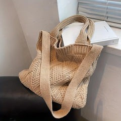 Vintage Crochet Bag For Women Solid Knitted Tote Bag Woven Detail