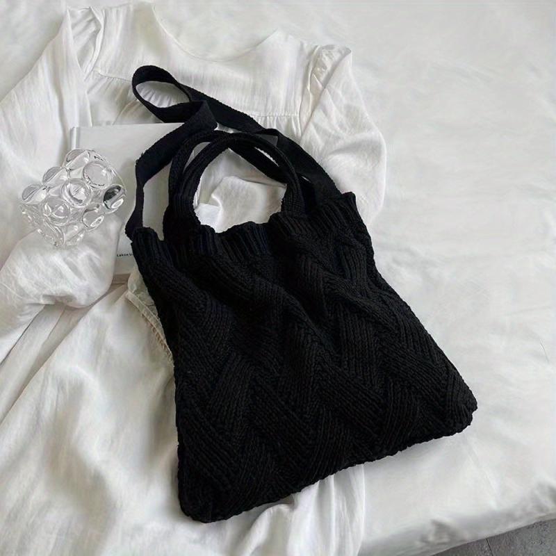 Vintage Crochet Bag For Women Solid Knitted Tote Bag Woven Detail