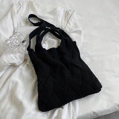 Vintage Crochet Bag For Women Solid Knitted Tote Bag Woven Detail