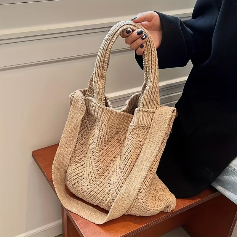 Vintage Crochet Bag For Women Solid Knitted Tote Bag Woven Detail