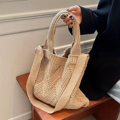 Vintage Crochet Bag For Women Solid Knitted Tote Bag Woven Detail