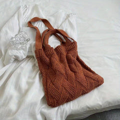 Vintage Crochet Bag For Women Solid Knitted Tote Bag Woven Detail