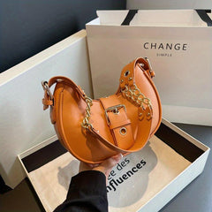 Women's Eyelet Buckle Decor Hobo Bag Chain Shoulder Purse