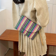 Ethnic Style Straw Bag For Women Colorblock Striped Crossbody Bag