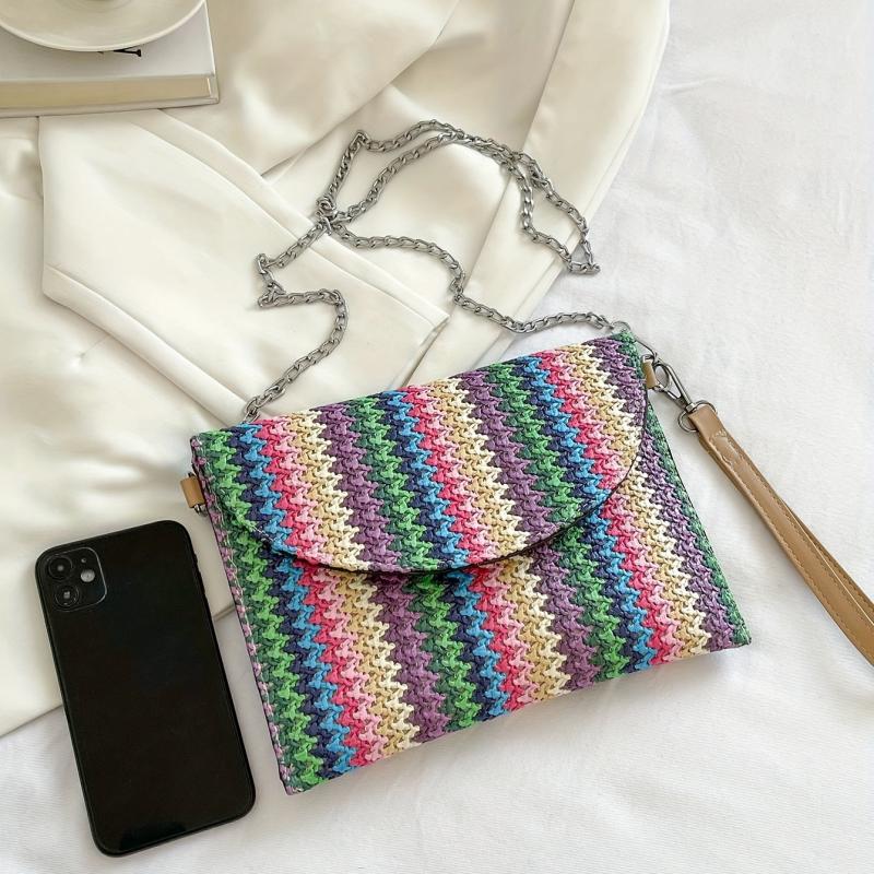 Ethnic Style Straw Bag For Women Colorblock Striped Crossbody Bag