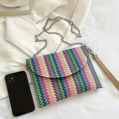 Ethnic Style Straw Bag For Women Colorblock Striped Crossbody Bag