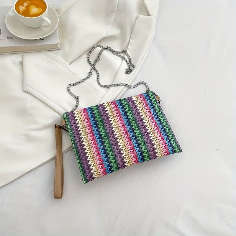 Ethnic Style Straw Bag For Women Colorblock Striped Crossbody Bag