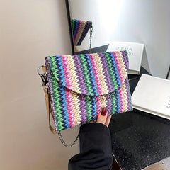 Ethnic Style Straw Bag For Women Colorblock Striped Crossbody Bag