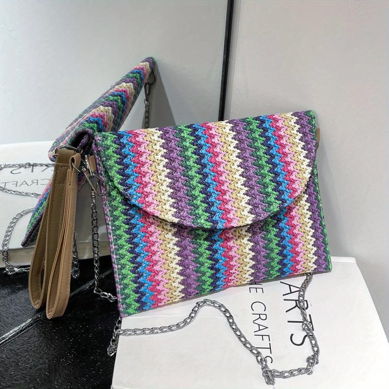 Ethnic Style Straw Bag For Women Colorblock Striped Crossbody Bag