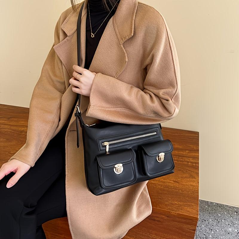 Faux Leather Shoulder Bag Crossbody with Front Pockets and Buckle Decor