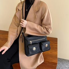 Faux Leather Shoulder Bag Crossbody with Front Pockets and Buckle Decor