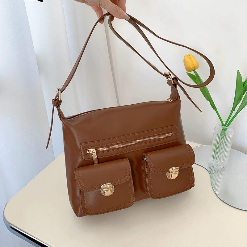 Faux Leather Shoulder Bag Crossbody with Front Pockets and Buckle Decor