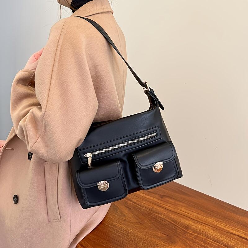 Faux Leather Shoulder Bag Crossbody with Front Pockets and Buckle Decor