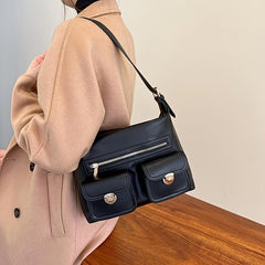 Faux Leather Shoulder Bag Crossbody with Front Pockets and Buckle Decor