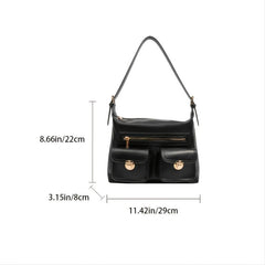 Faux Leather Shoulder Bag Crossbody with Front Pockets and Buckle Decor