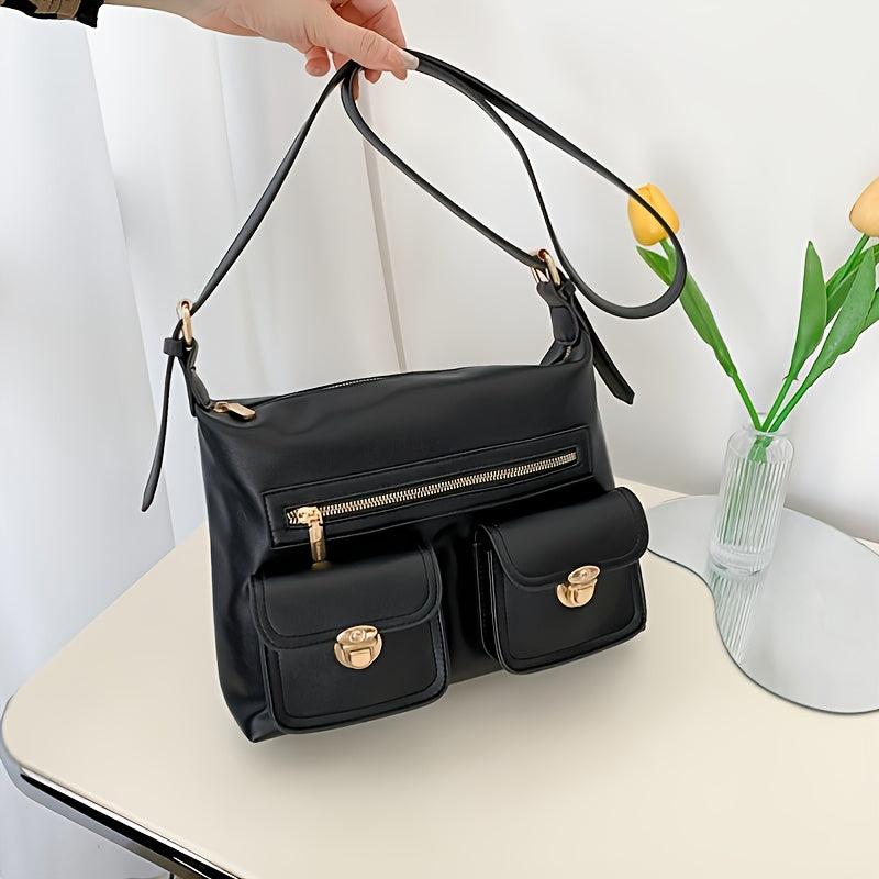 Faux Leather Shoulder Bag Crossbody with Front Pockets and Buckle Decor